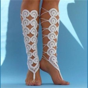 Boho White Barefoot Crochet Anklet Sandals